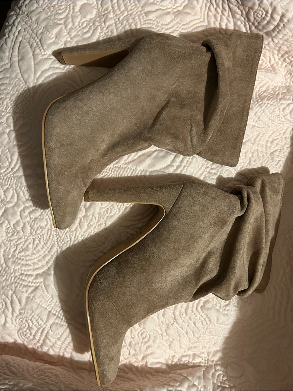 So Me Slouchy Suede Ankle Booties in Taupe